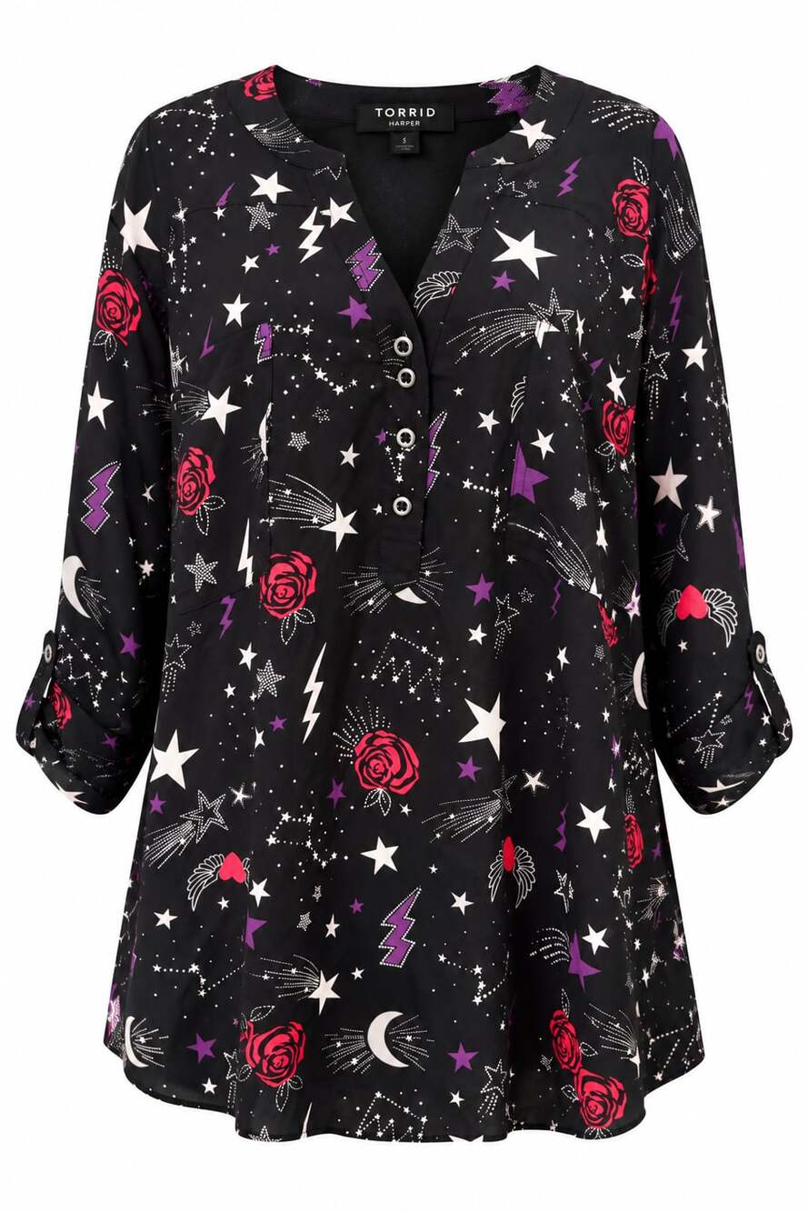 Torrid Harper Blouse 5X NWT Queen Celestial Black Star Moon Lightning Rose